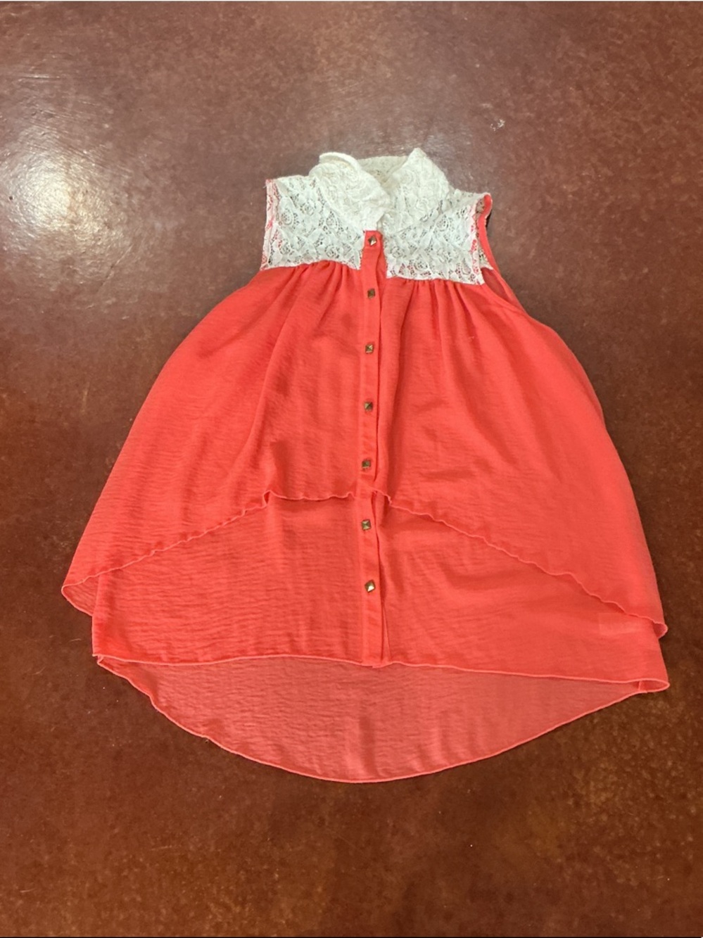 HeartSoul Coral Sleeveless High-Low Tank with White Lace Yoke
